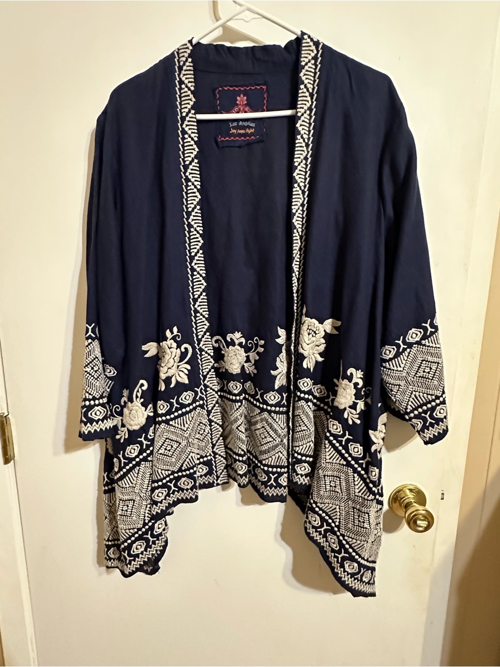 Johnny Was Navy Open-Front Embroidered Shawl Cardigan